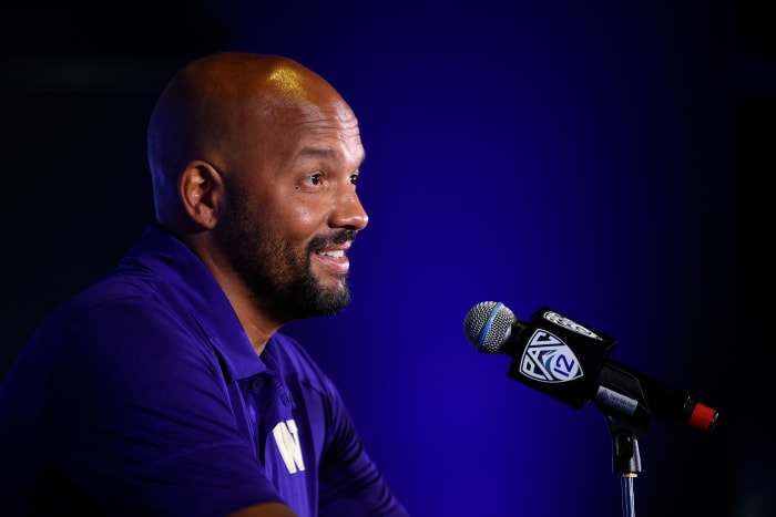 Jul 27, 2021; Hollywood, CA, USA; Washington Huskies head coach Jimmy Lake speaks with the media during the Pac-12 football Media Day at the W Hollywood.